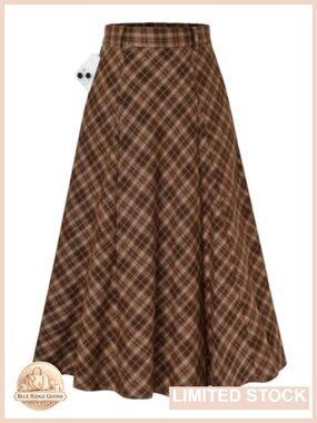 Plaid Midi Skirt High Waist A-Line with Pockets
